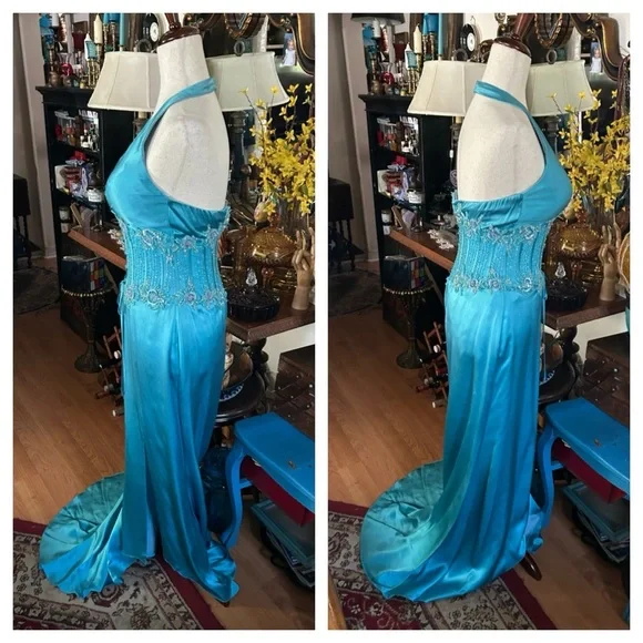 Turquoise Blue Silk Corset Halter Evening Prom Gown - Picture 4 of 16